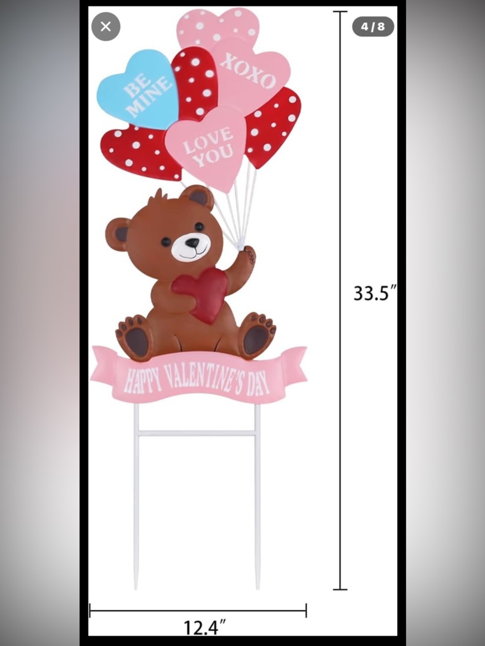 Valentine's Day Bear Yard Stake - Pink & Red Heart Balloons - Picture 3 of 7